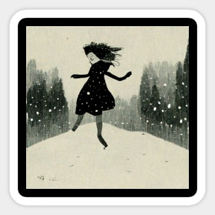 Girl excited and playing in the snow as the flakes begin to fall. Sticker